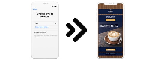 Smartphone connecté à un réseau wifi qui ouvre automatiquement un coupon électronique.